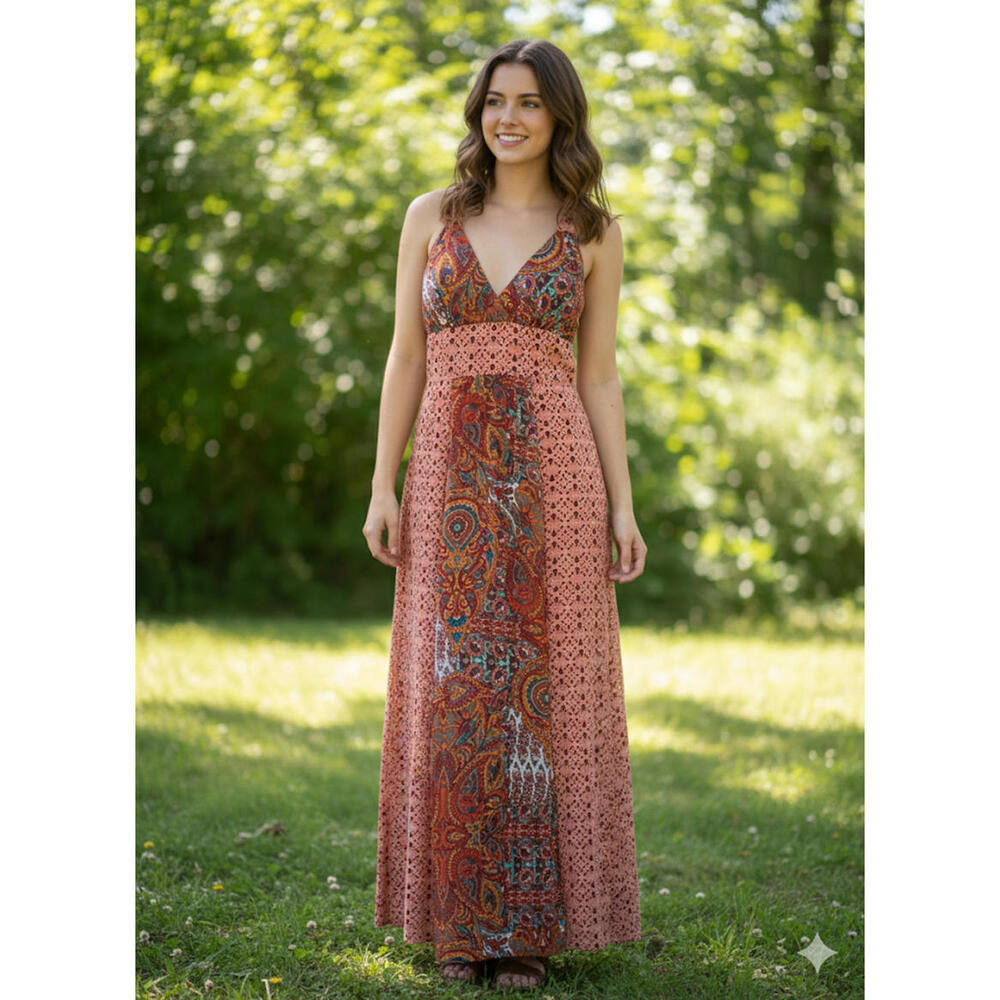 Women's Bohemian Style Maxi Dress with Paisley Geometric L